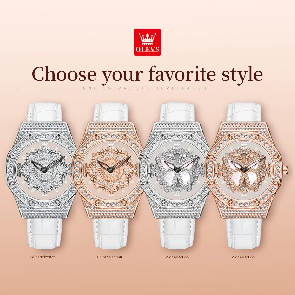 OLEVS 9996 Original Watch for Women  Waterproof Leather Strap Ladies Quartz Wristwatches Hollow Rotatable Butterfly Dial