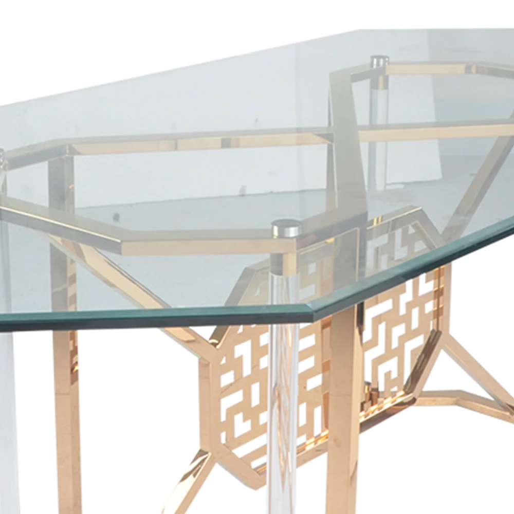 Chinese Furniture Rectangle Dinning Table For 6 8 People Tempered Glass Top Stainless Steel Dining Tables