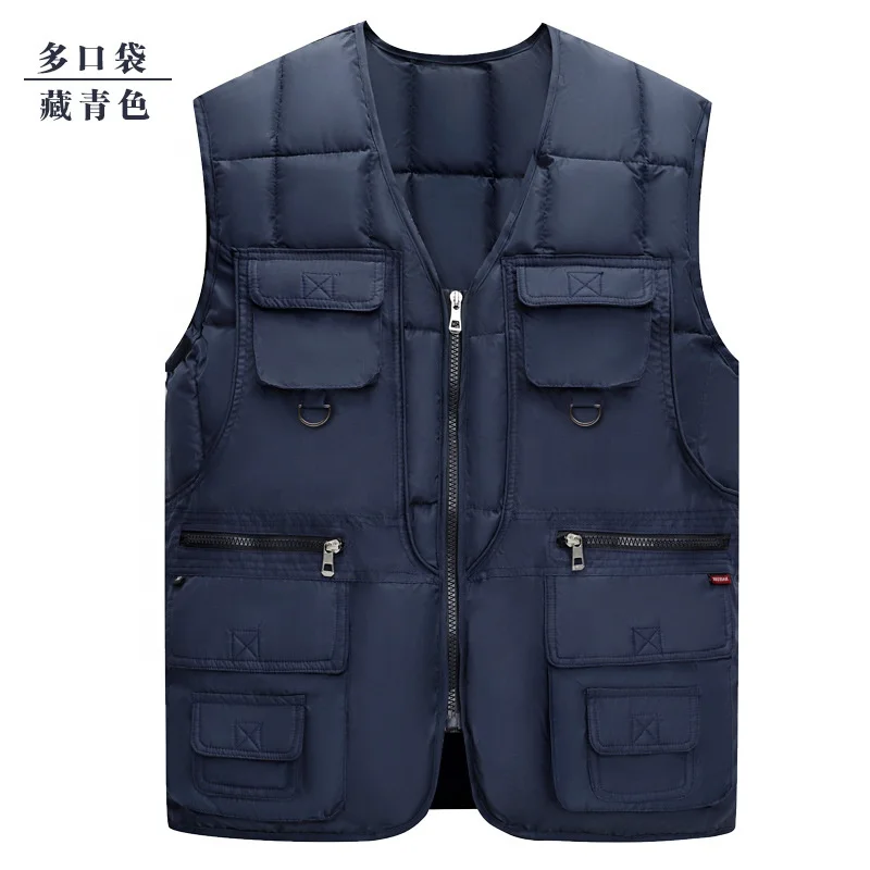 Autumn and Winter Multi Pockets Sleeveless Thick Cotton Waistcoat Zipper Up Plaid Vest for Men