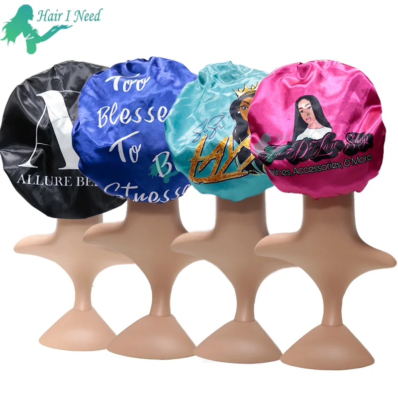 Wholesale custom private logo print on sleeping hat 100% silk material satin bonnet