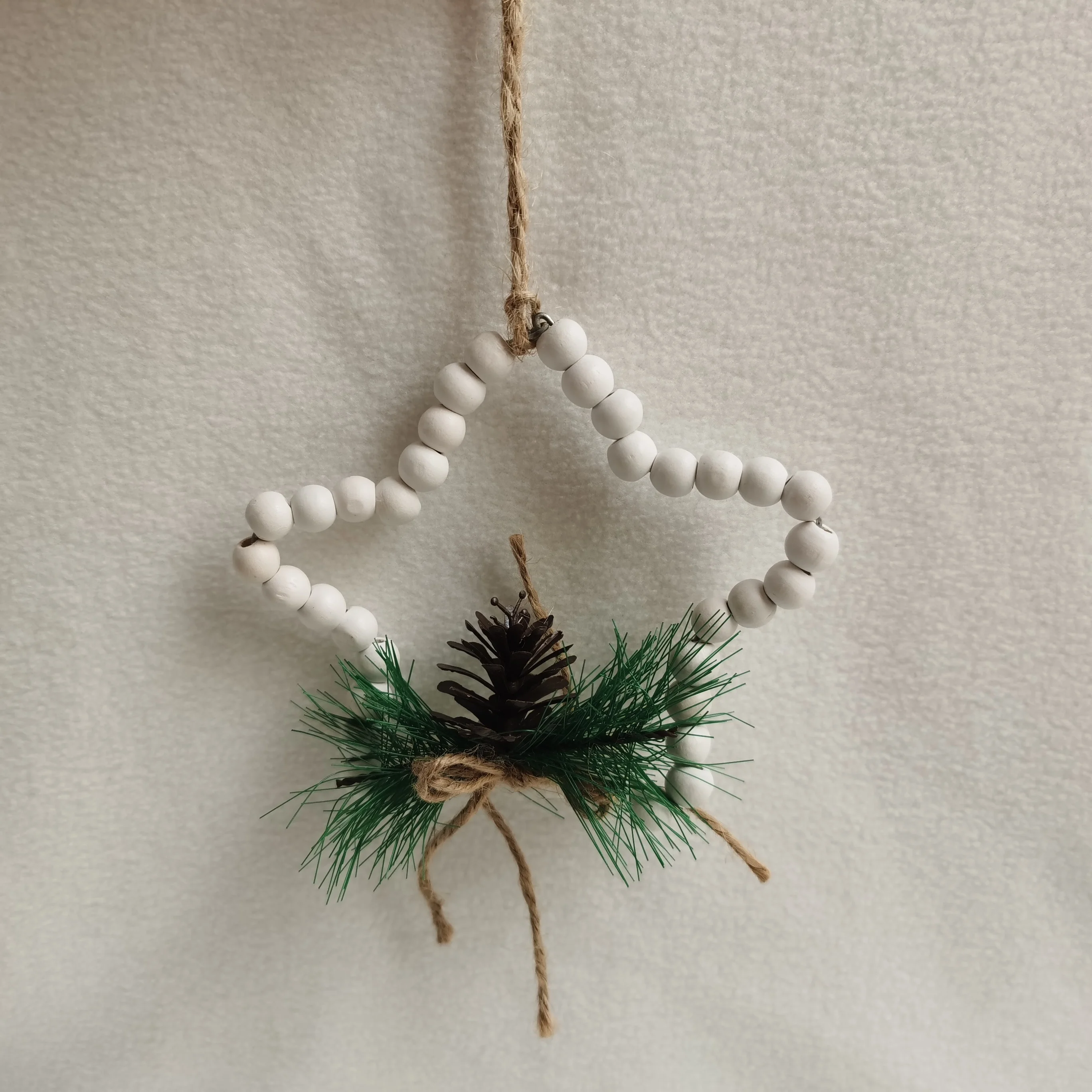 Christmas Decorative White Beads Metal String Wooden  Star