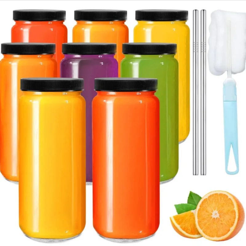 Стеклянные бутылки для сока с воздухонепроницаемыми крышками, 16 унций