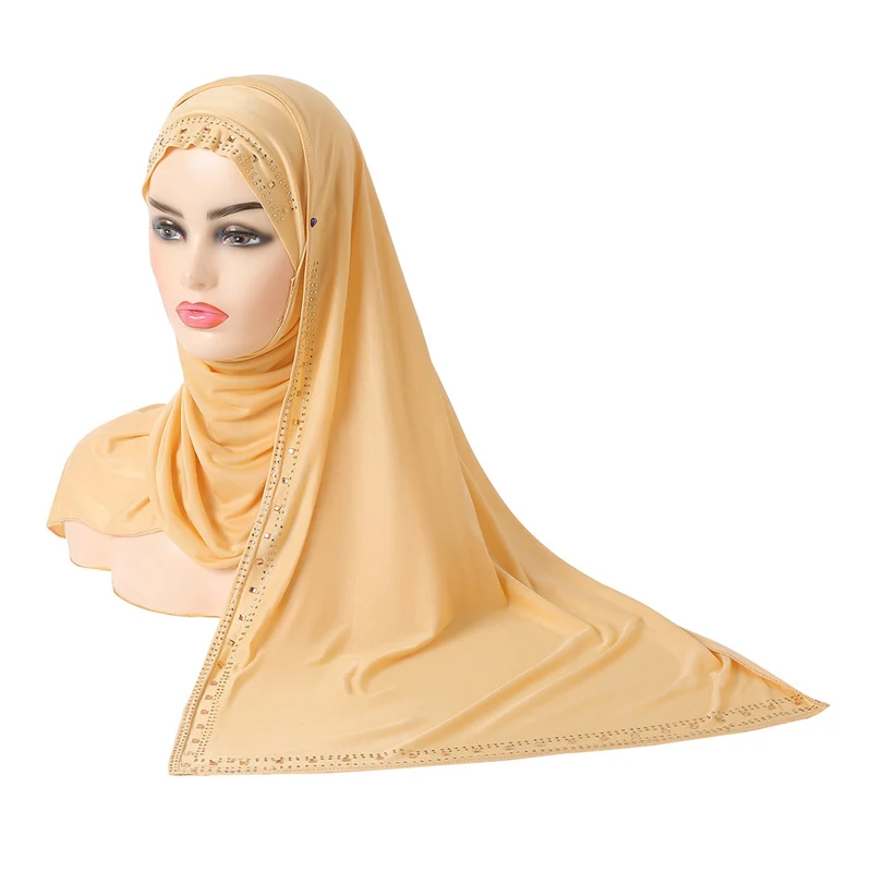 Hot Sale High Quality Plain Solid Color Malaysian Hijab Shawls Wraps Muslim Silk Headscarf Plain Rhinestone Hijab Long Scarf