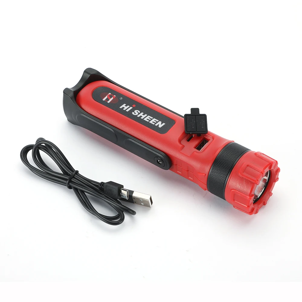 High power ABS portable handle red light dimmable flash USB output power bank flashlight for emergency