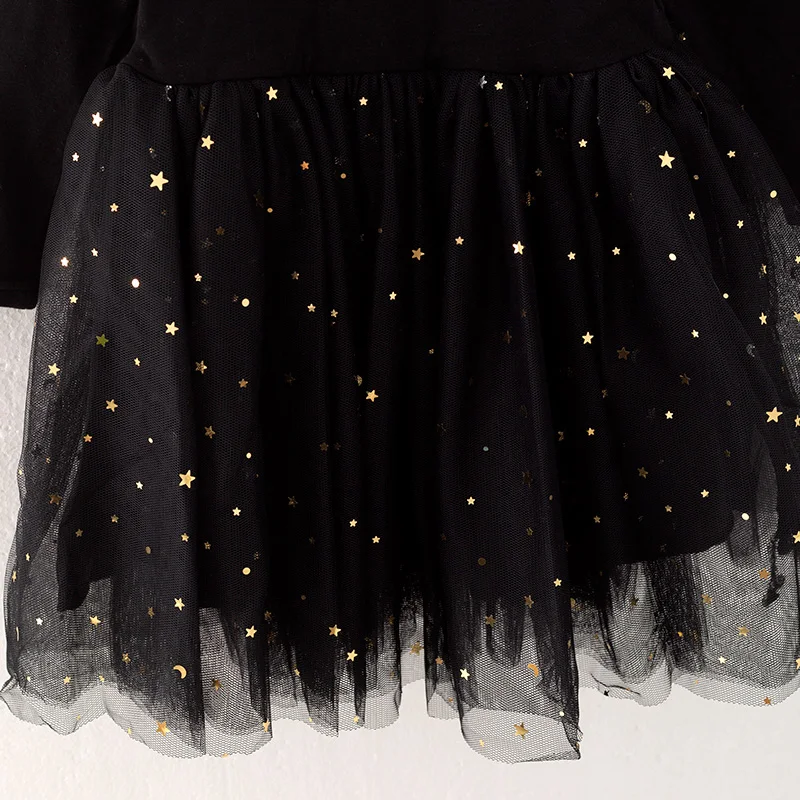 In Stock Ready to Ship Baby Kids Toddler Girls Fall Winter Black Cotton Bronzing Star Tulle Tutu Gauzy Dress
