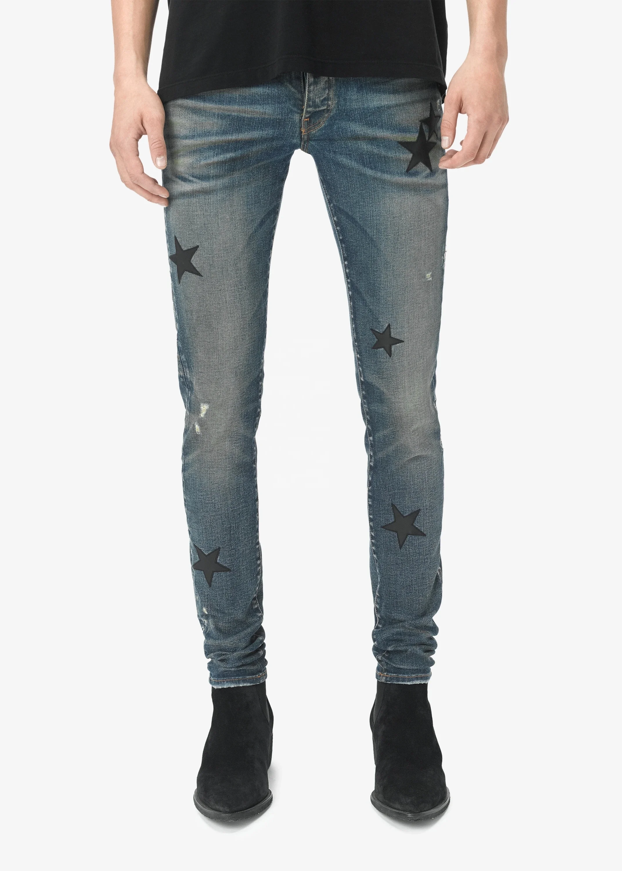 OEM new designs wholesale patchwork torn destroyed denim skinny jeans for men