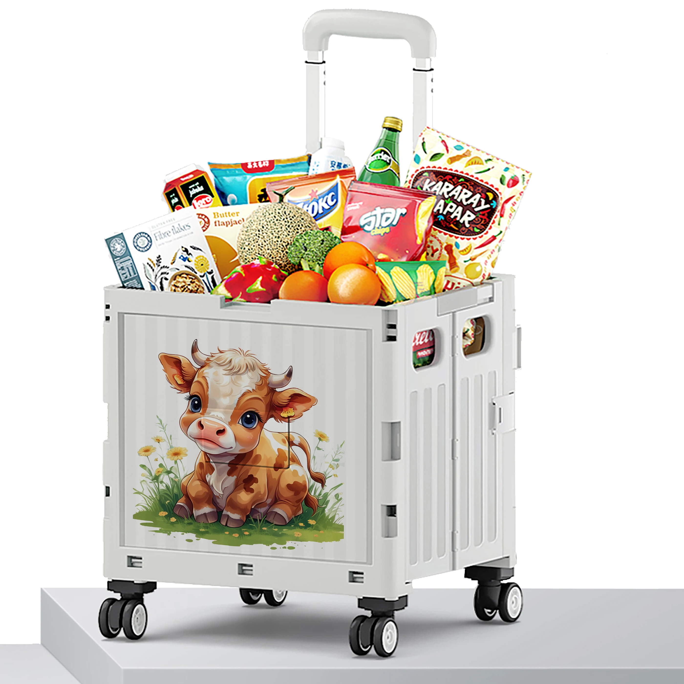 New 12 Chinese Zodiac OEM Folding Foldable Carts Market Car Space Saving 4 Wheels Trolley PP Shopping Cart Plastic White Gray