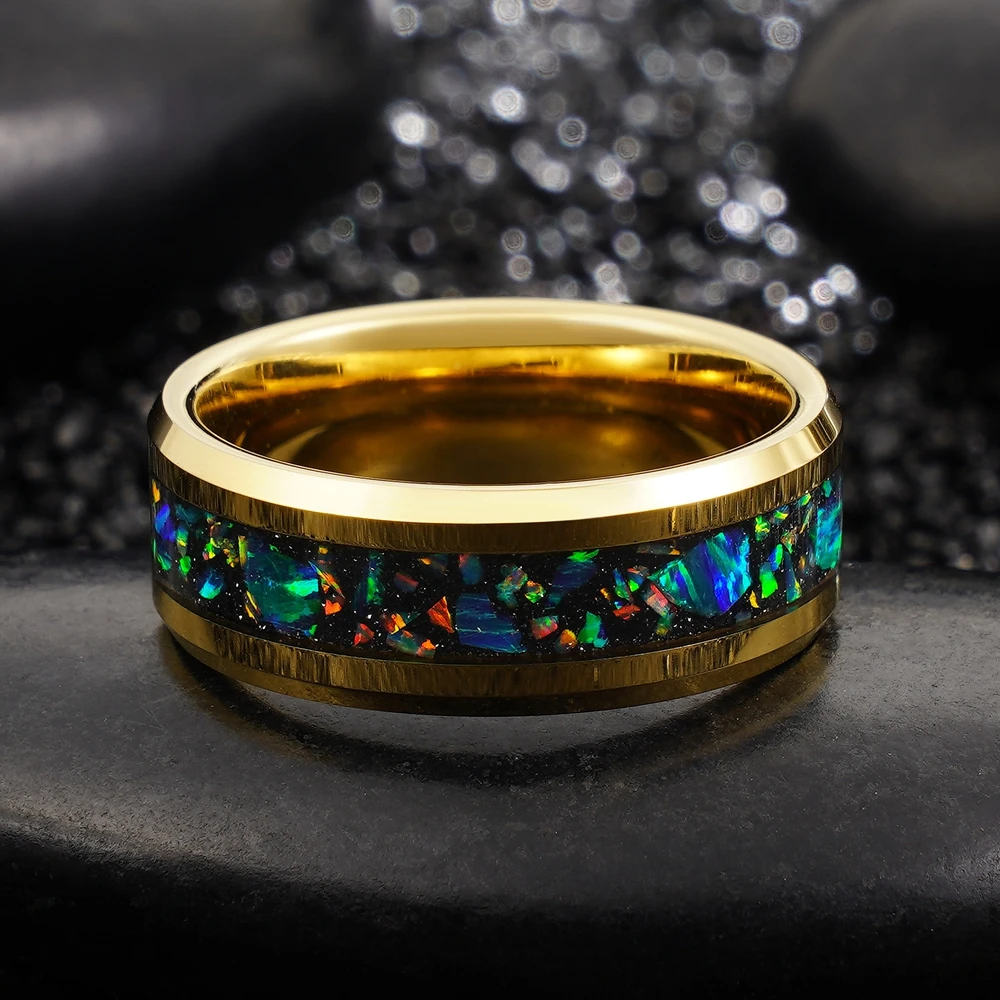 Poya Jewelry Low Price Blue Green Opal Inlay Ring Wedding Ring Gold Tungsten Ring