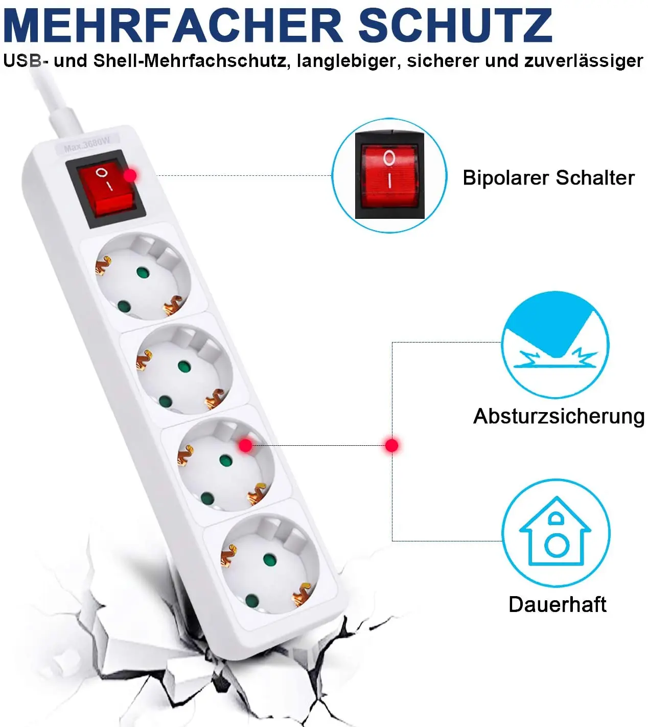 4-way  extension socket power strip with switch and child safety lock, 1.5M 3X1.5mm2 cable, 16A, 3680W, multiple plug