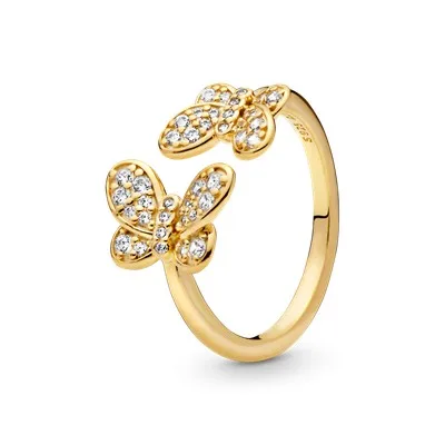 925 Sterling Silver CZ Butterfly Open Ring Gold Clear Cubic Zirconia Adjustable Rings Fit Pando Jewelry For