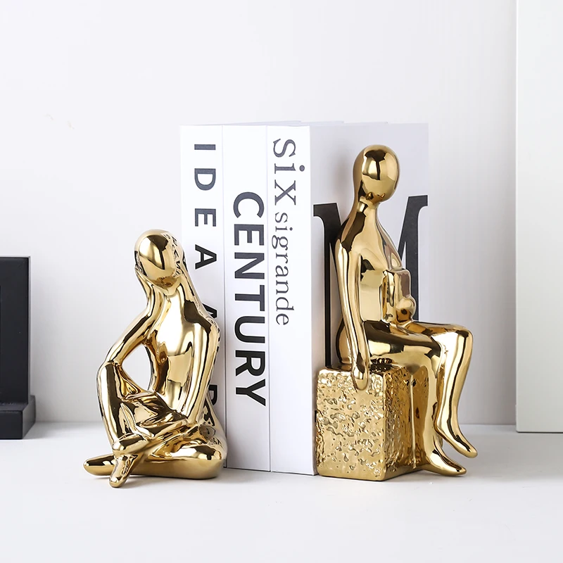 Modern Home Decor Abstract Golden Reader Sculpture&Figurine Ceramic Crafts Interior Statue Creative Living Room Decoration Gift