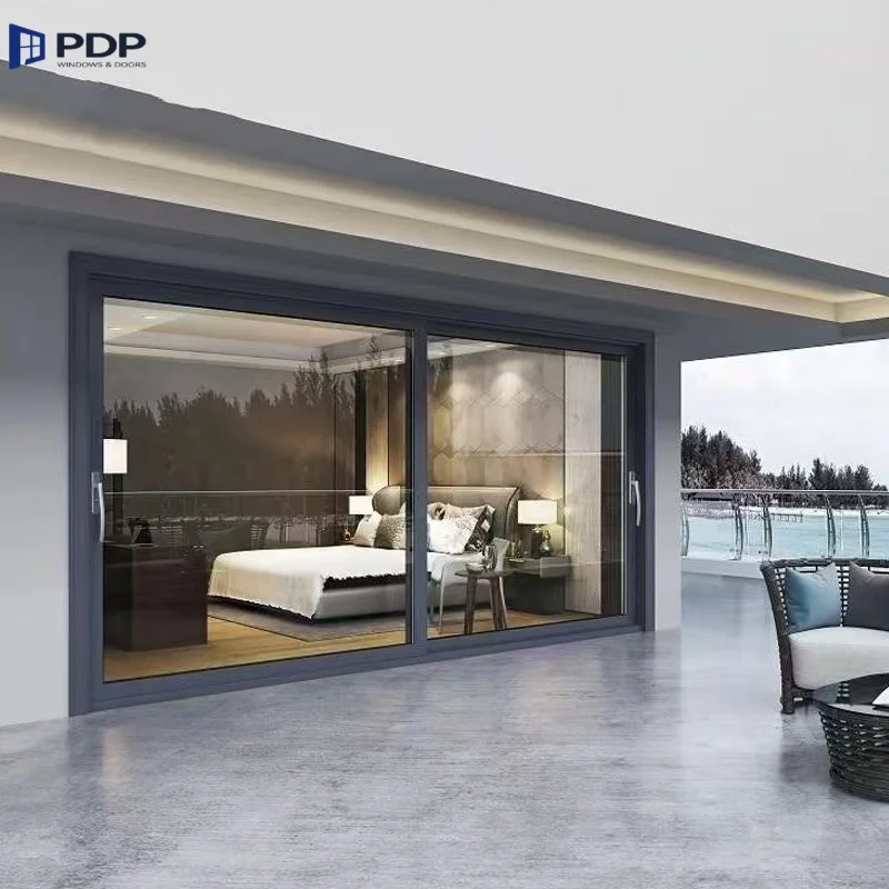 Minimally Designed Double Tempered Glass Aluminum Sliding Door for Exterior Balcony or Entrance Use