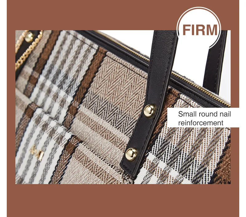 
AJI Large Capacity PU+Canvas Plaid Fashion Design Women Tote Bag European Shoulder Bags For Leisure 