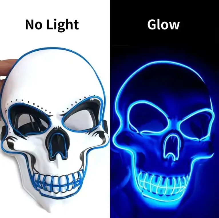 Halloween Party 2024 Skeleton Mask Horror Face Mask EL Wire Remote LED Mask