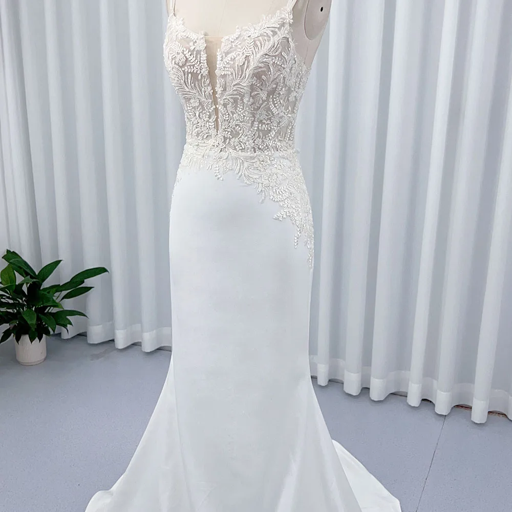 Spaghetti Strap Sheath Wedding Dress Appliqued Pearl Beaded Low Back Crepe Bridal Gown Hx03