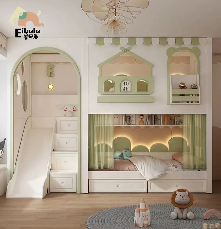 High Quality Indoor Bedroom Furniture Set Kids Wooden Double Bunk Beds for Children with Drawer Stairs and Slide