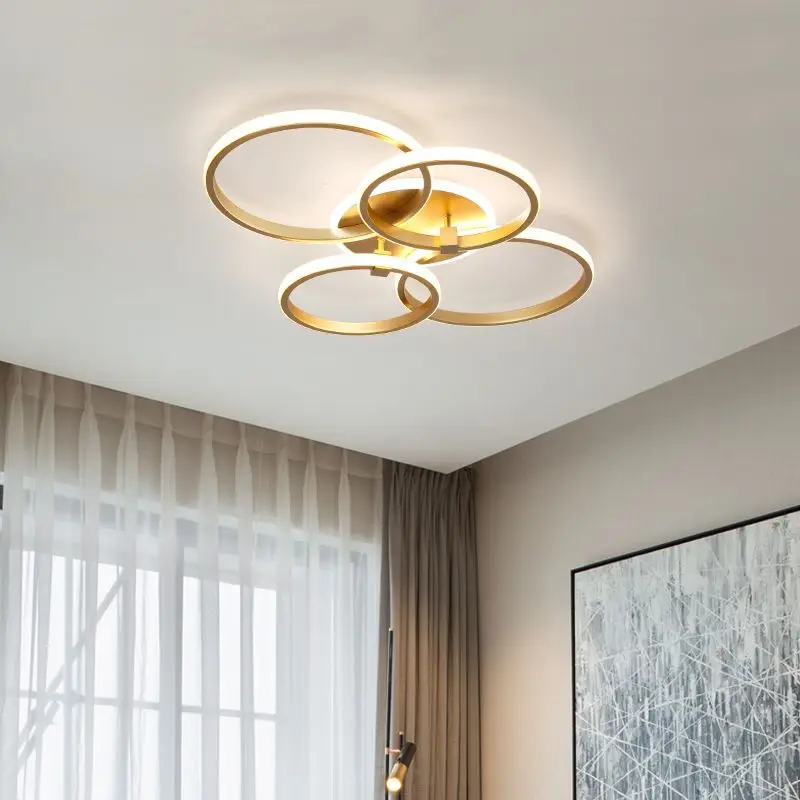 Modern Ceiling Lamp Gold Circle Dimmable Remote Pendant Lights Fixture 4 Ring Flush Lighting Mount Acrylic Iron Chandelier