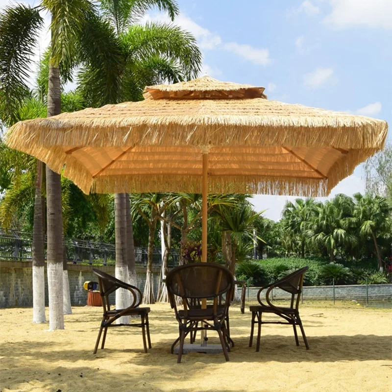 Outdoor Garden Courtyard Beach Sun Protected Parasol Artificial Straw Double Top Thatch Wood Umbrella