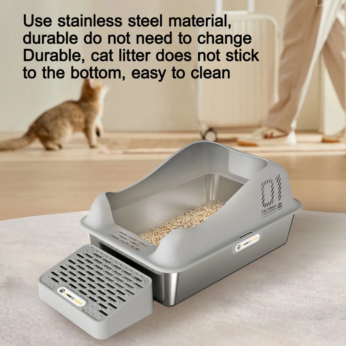 ZMaker 2024 Metal Cat Litter Box with Lid Extra Large Litter Box Cat Tail Design Stainless Steel Cat Litter Box With High Sided