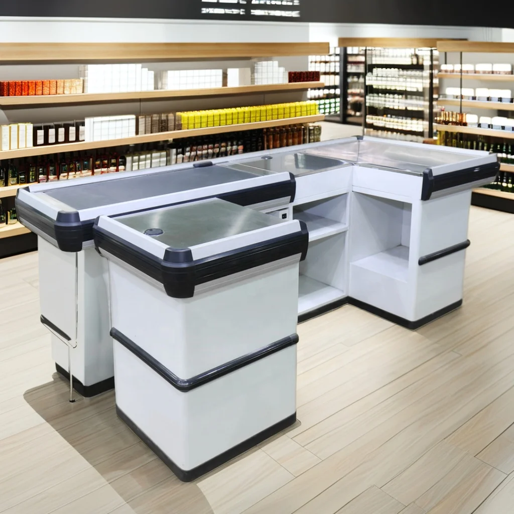 Electric Metal Supermarket Cashier Counter/Cashier Desk/Checkout Counter With Conveyor Belt Retail Store Checkout Counter