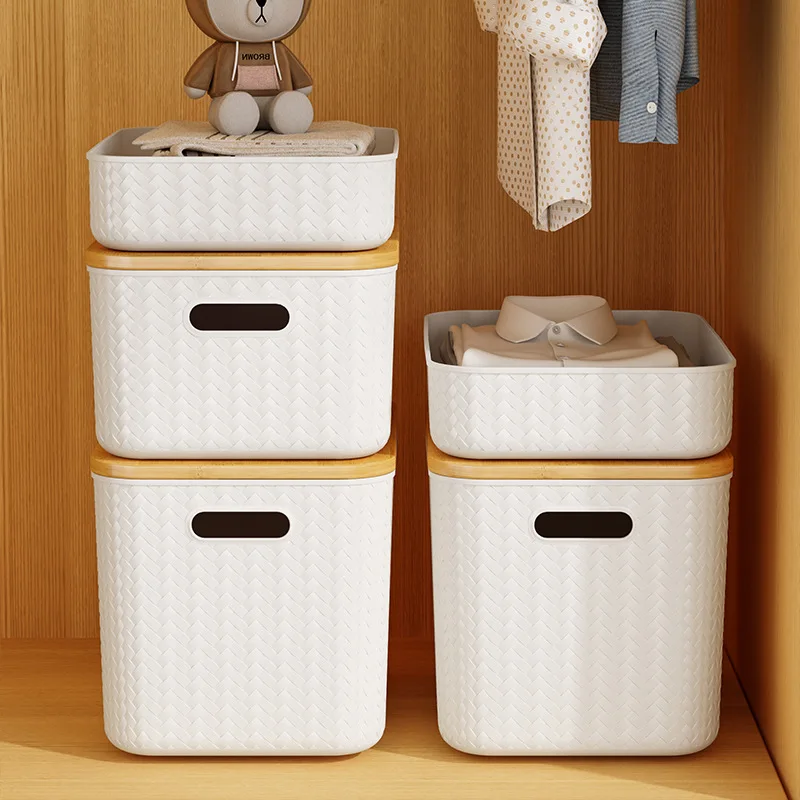 Plastic storage basket toy sundry desktop storage makeup organizer with bamboo lid storage containers for living room