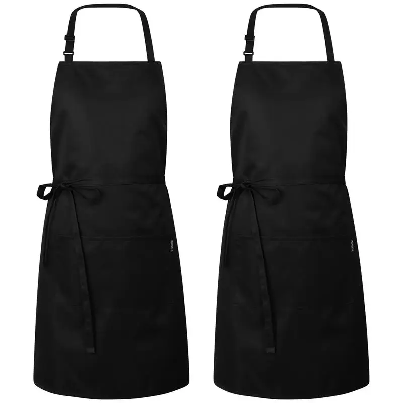 Custom Logo Women Men Unisex Cotton Polyester Waterproof Black Chef Kitchen Apron Restaurants Cooking Aprons