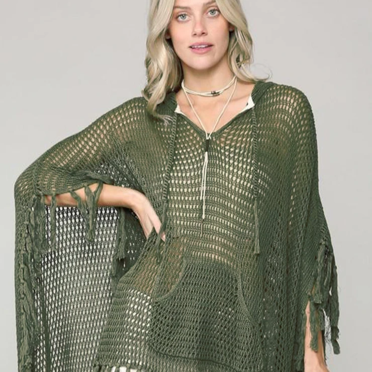 Women's Beach Cover Tassel Knitted Cover Ups Hooded Crochet Sweater Sexy Bikini Mesh Covers Bathing Suit Dress up Army Green