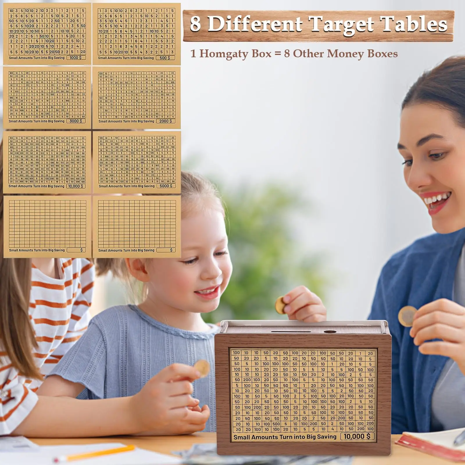 Wooden Adult Money Saving Box with Dry Erase Pen 10000 5000 3000 2000 1000 500 Challenge Money Banks Blank Savings Trackers