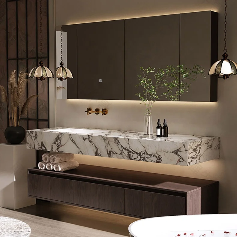 2025 Hot Selling Modern Design Marble Bathroom Vanity Set with Wall Mount Mirror Customized for Hotels and Restrooms