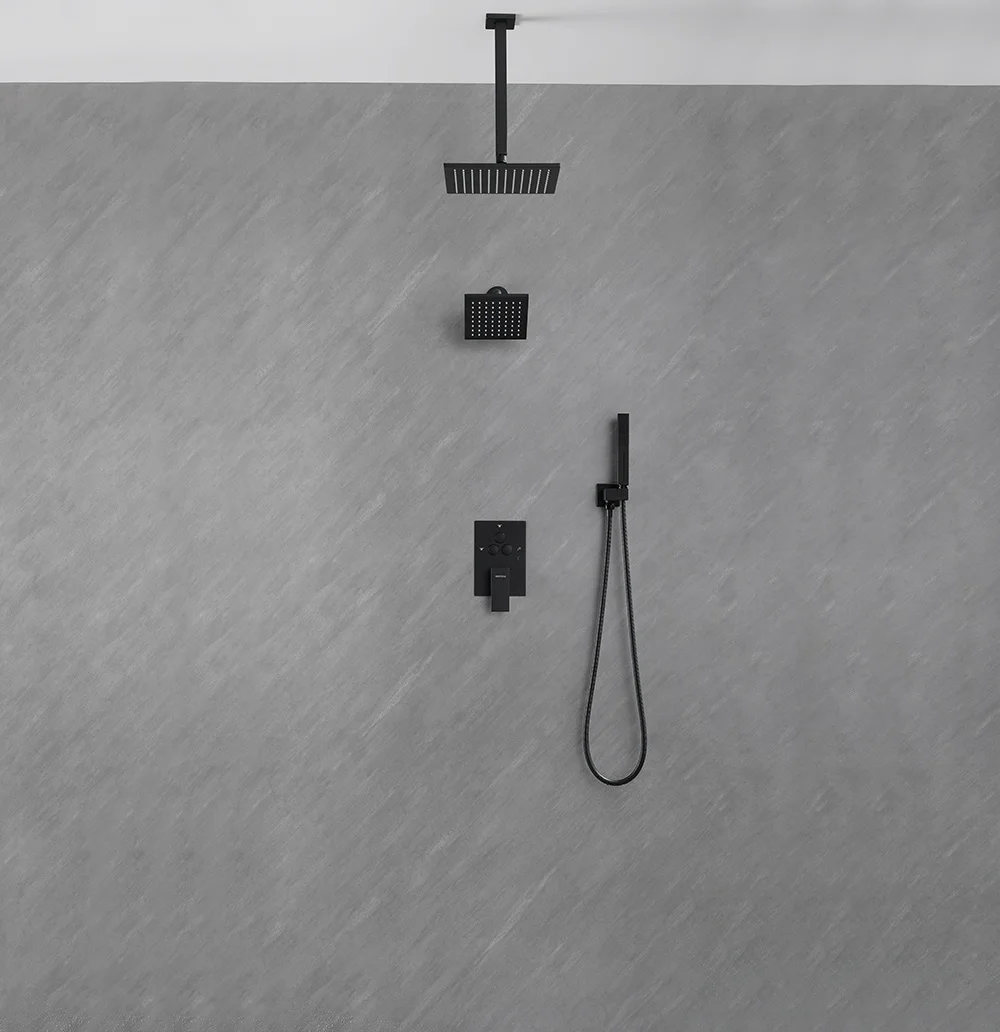 Factory direct sales High quality  bathroom black  Ceiling Mounted Square Shower Head three Functions Rainfall  brass ShowerSet