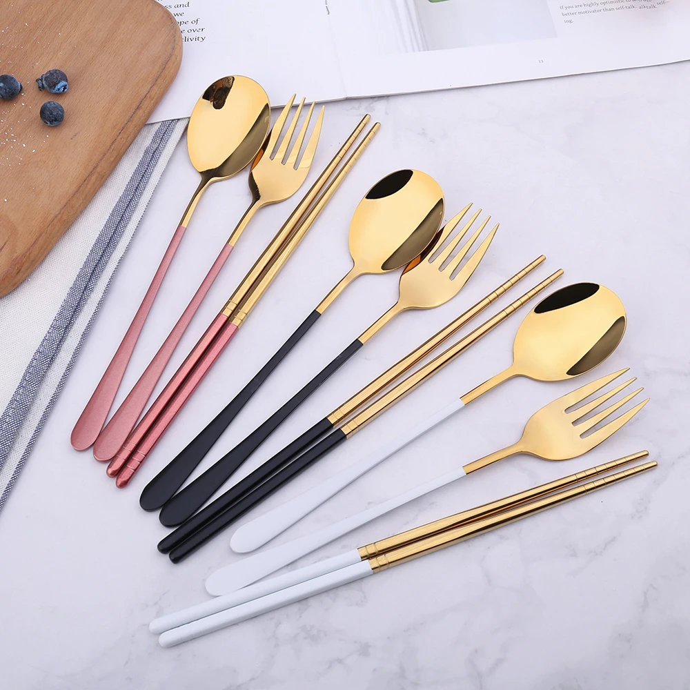 
304 Stainless Steel Portable Cutlery Set Spoon Fork Chopsticks Set With Wheat Box Korean Cutlery 