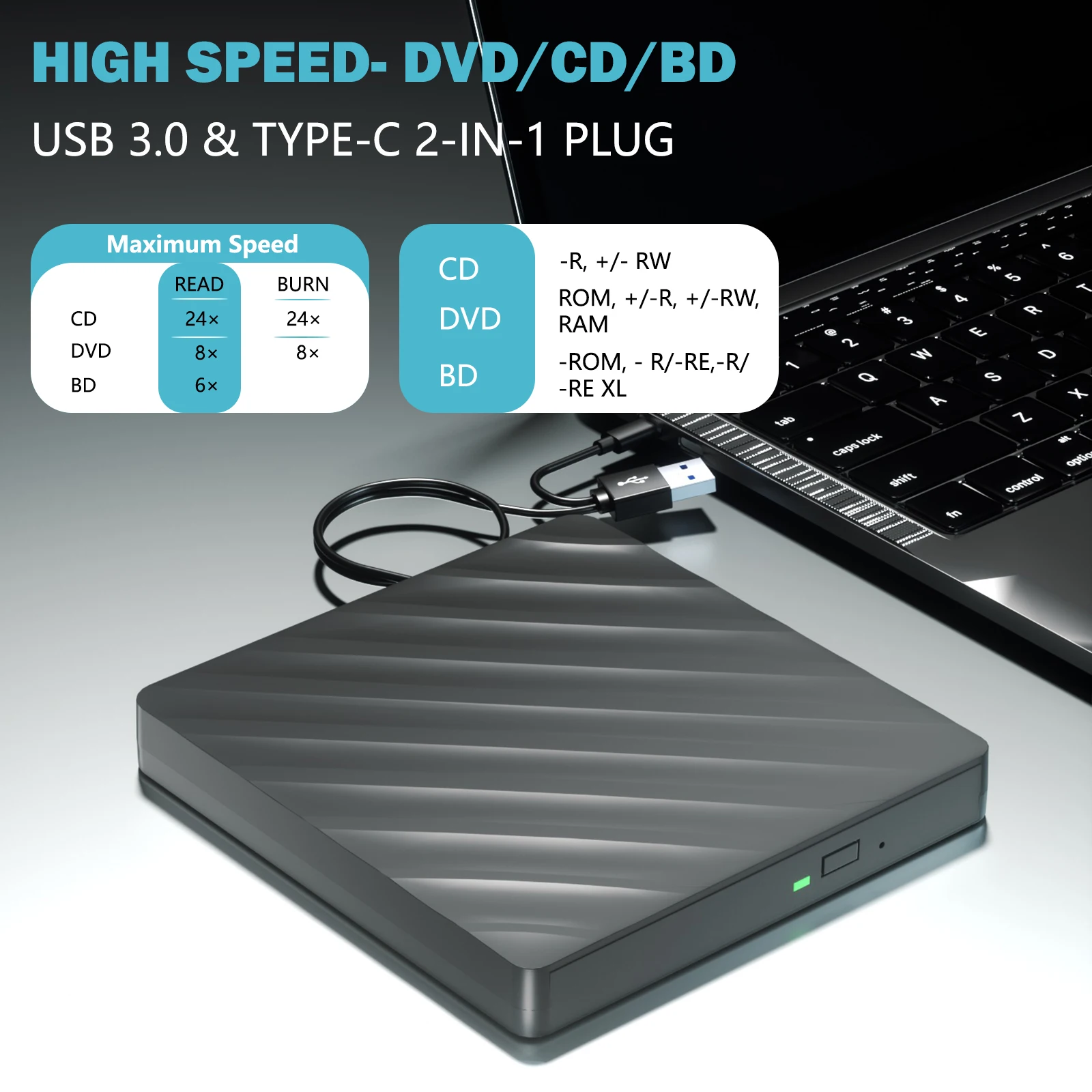 Multi-function external portable Blu-ray burning optical drive can burn cd/dcd/bd write cd/dvd support 50G bd disc read