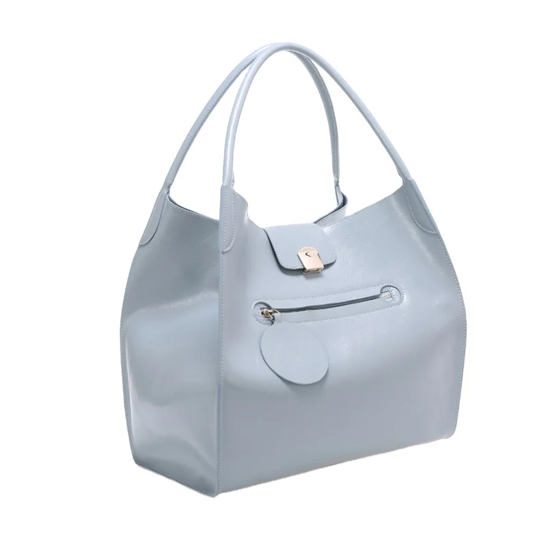 Guangzhou Factory Fashion Luxury Pure Solid Color Large Capacity Women Blue Leather Tote Bag Handbag
