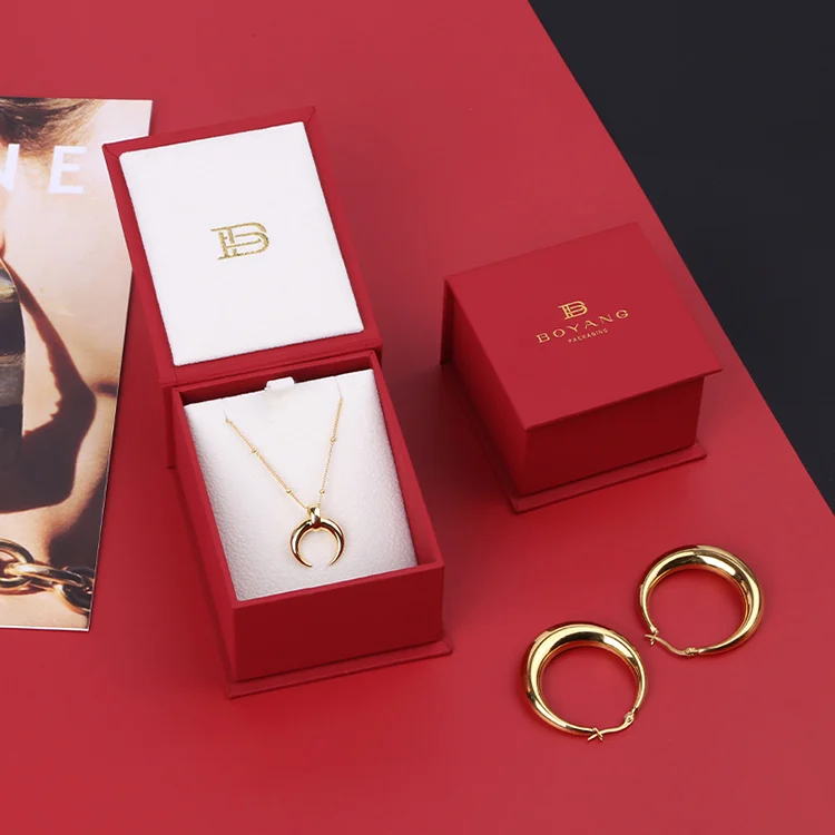 Boyang Custom Logo Printed Red Flip Paper Jewelry Earring Necklace Packaging Box