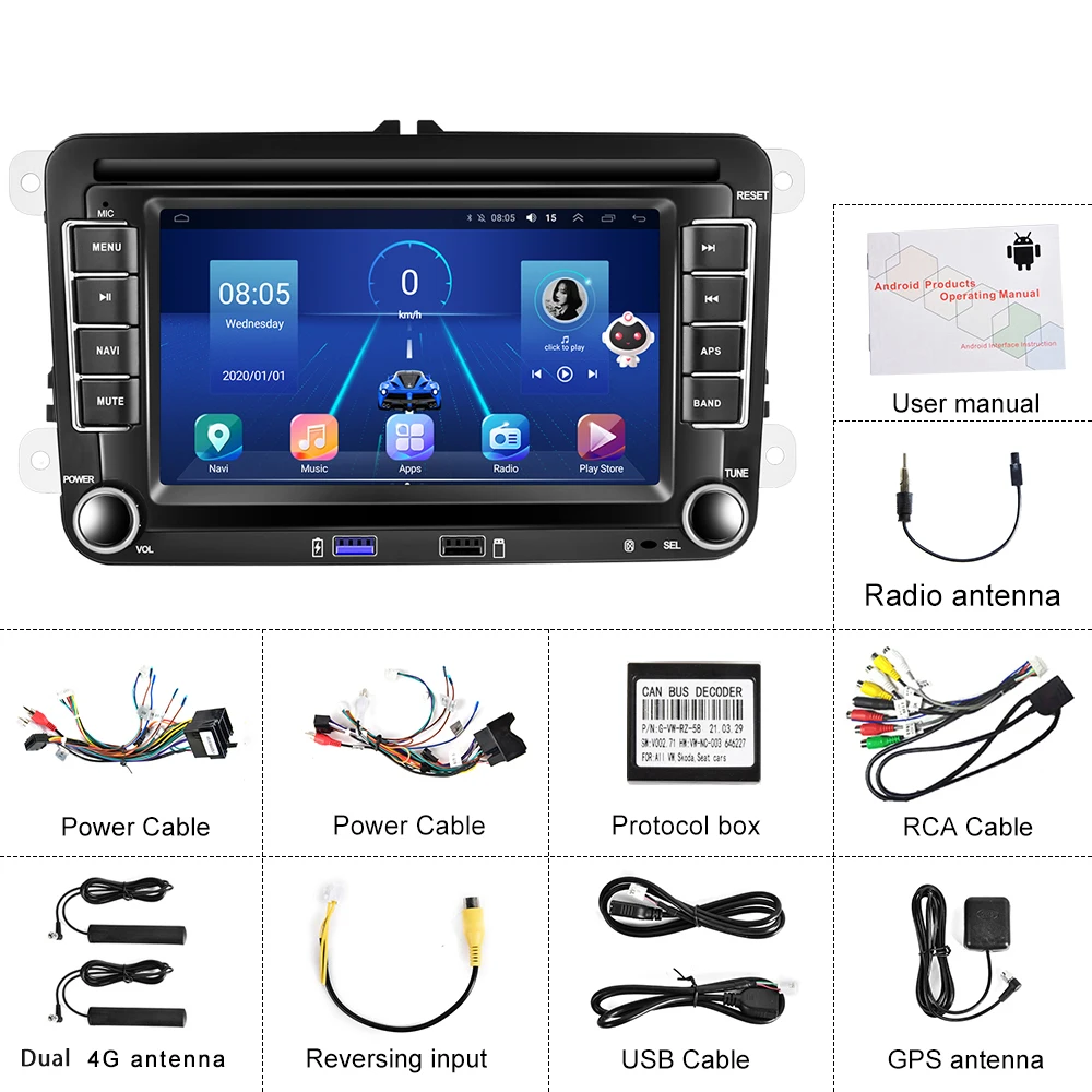 2 Din 7' QLED Android 10  8+128G Carplay 8 Core Car Radio Stereo Smart Voice/GPS/Wifi/BT/4G/DSP/Hi-Res For VW/VOLKSWAGEN/POLO