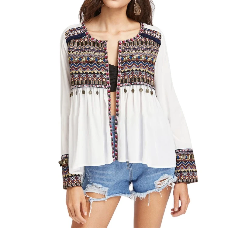 Винтажные топы с вышивкой для девочек; Весенний Повседневный Кардиган вышивкой; Красивые блузы и топы; Sta-00352