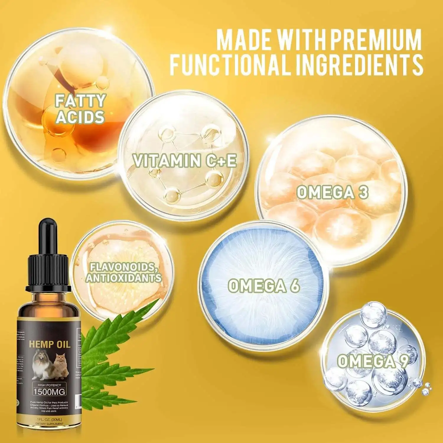 Pet hemp oil helps cats dogs calm relieve stress pain joint health Omega 3 Vitamins pure hemp seed oil natural pet supplement