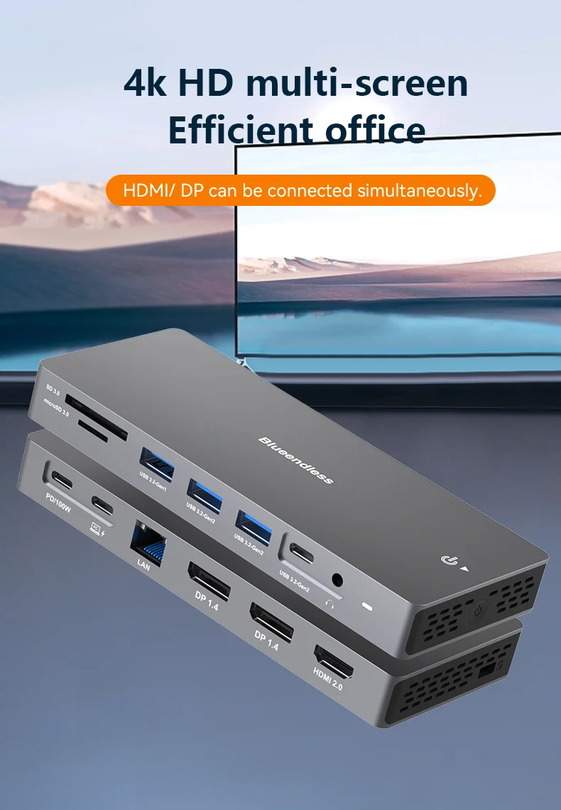 13 in 1 type C hub Dual Displayport HDTV 4K 30hz USB3.1 10Gbps 2xDp MST Hub Type C Docking Station