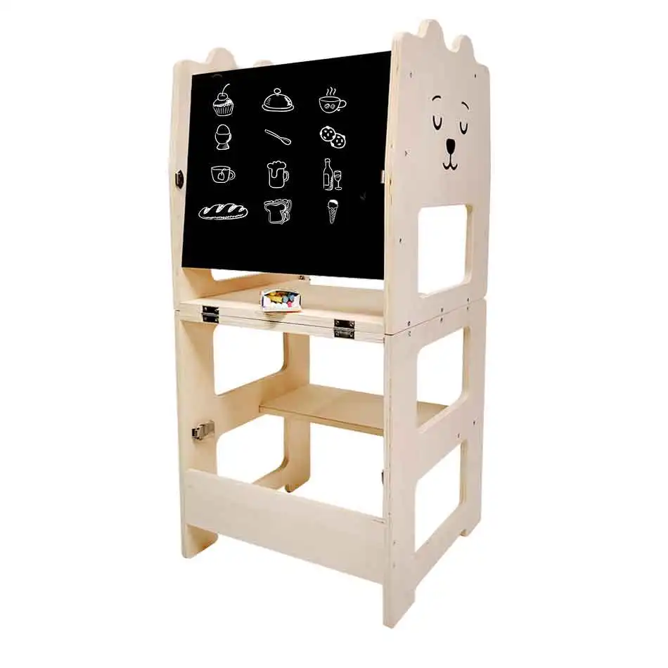Due Use Wooden Kids Learning Tower Kitchen Step Stool for Toddlers Fold-able Kids Furniture