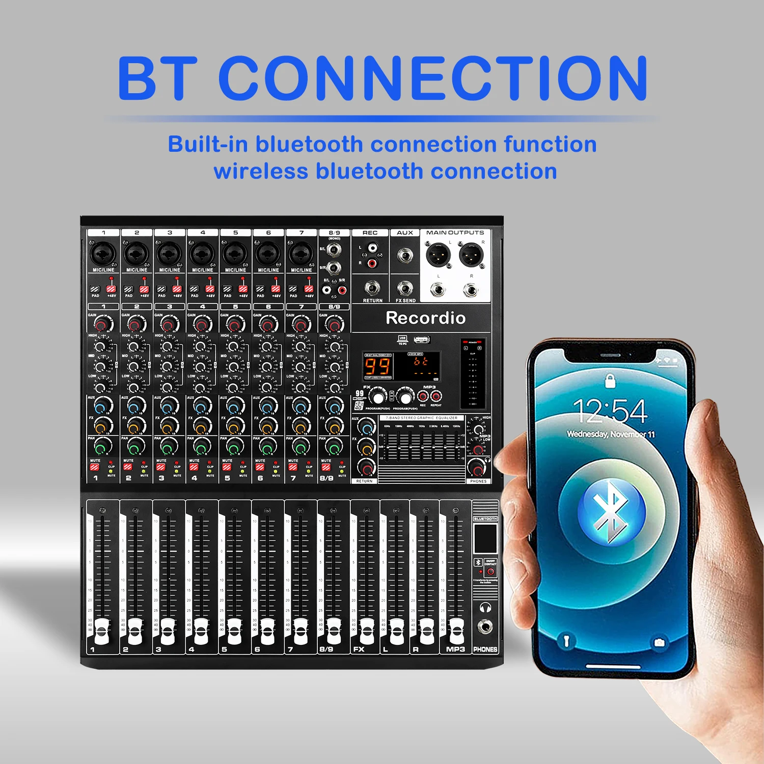 GAX-Q8 Recordio High Quality Audio Mixer Professional Digital Stage Mixer With 99SDP 7 Segment Equalizer