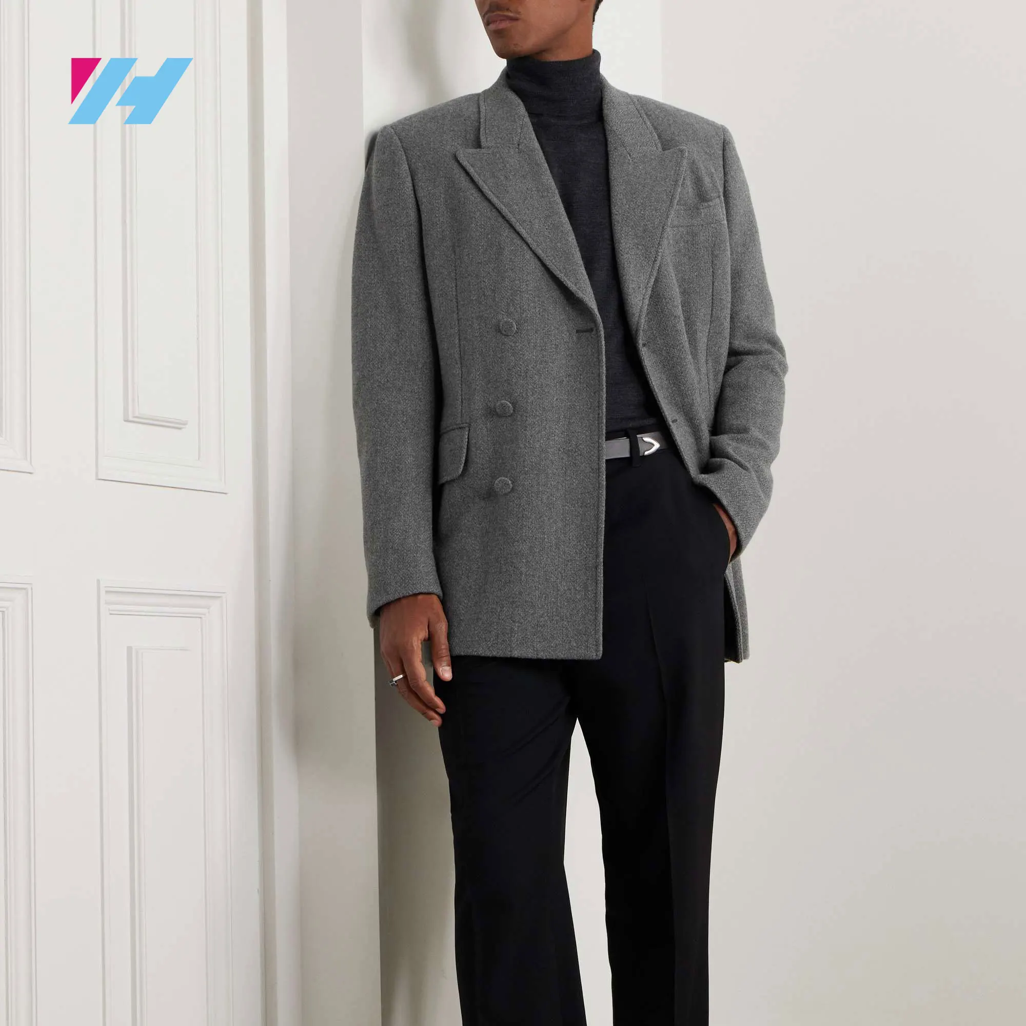 Custom Grey Double Breasted Virgin Wool And Cashmere Blend Suit Jacket