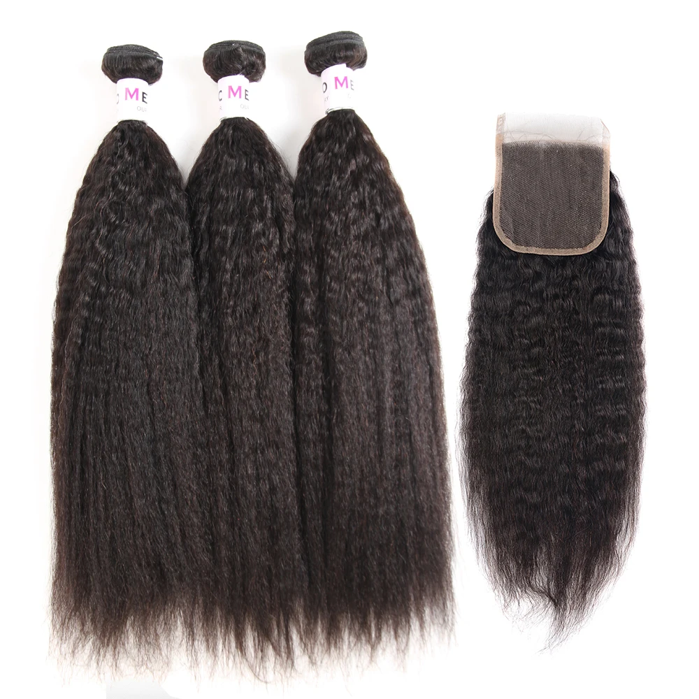 Afro Kinky Straight Indian Remy Virgin Human Hair Weft Yaki Kinky Straight Hair With Silk Top Closure
