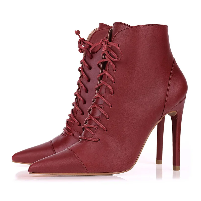 Accept customized  design and logo high heel  lace up Design cow leather Upper factory Women ankle shoe boots
