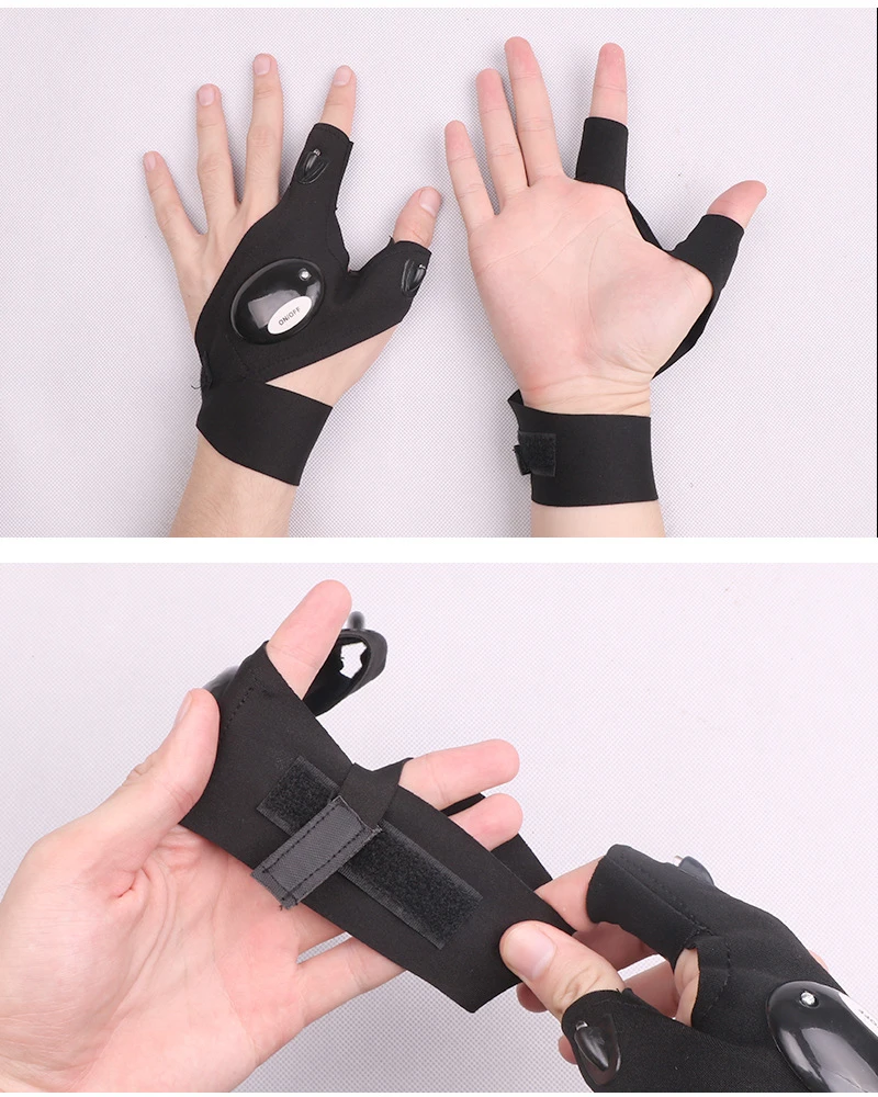 Magic Strap Fingerless Glove With 2 LED Lights 1 Pair LED Flashlight Gloves For Fishing Cycling And Low Light Work