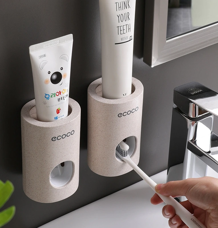 WH280 Automatic Toothpaste Dispenser  Wall Mounted Hands Free Toothpaste Squeezer Wheat Straw Wall Mounted Toothbrush Holder