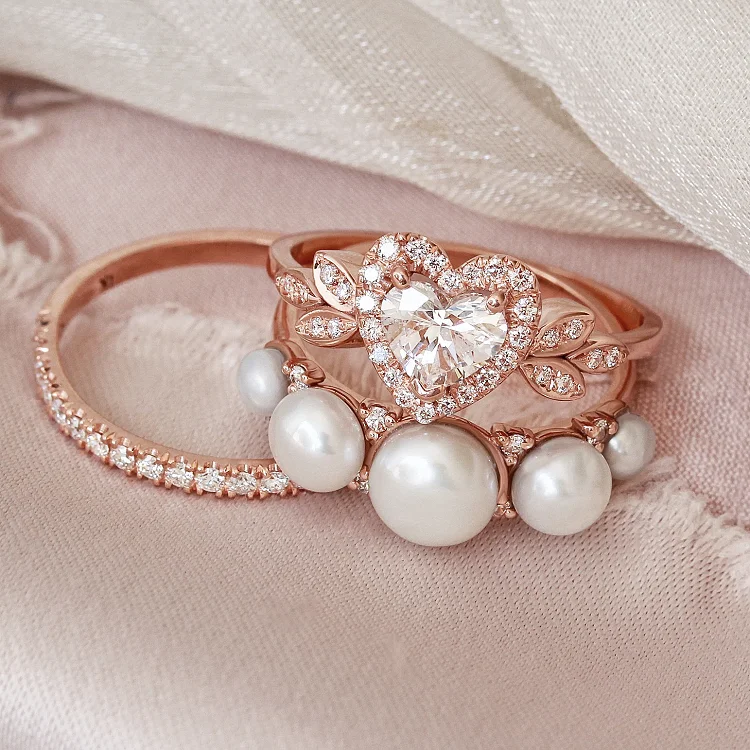 Romantic heart diamond 925 real silver women engagement white gold non tarnish wedding ring set