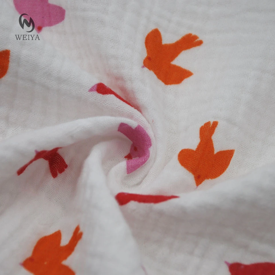 Cute kids wear dress 120gsm custom double gauze crinkle 2 layer 100 cotton printed muslin fabric for baby blanket