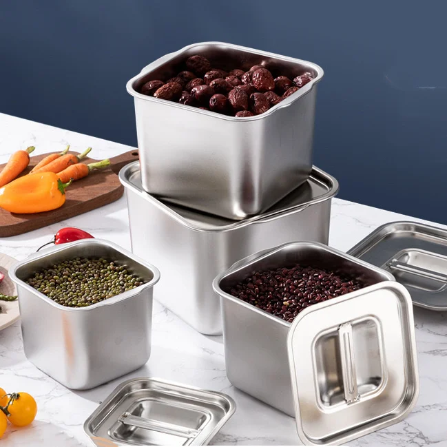 Multipurpose stainless steel seasoning tank with lid square bucket storage seasoning box food tin storage container organizer