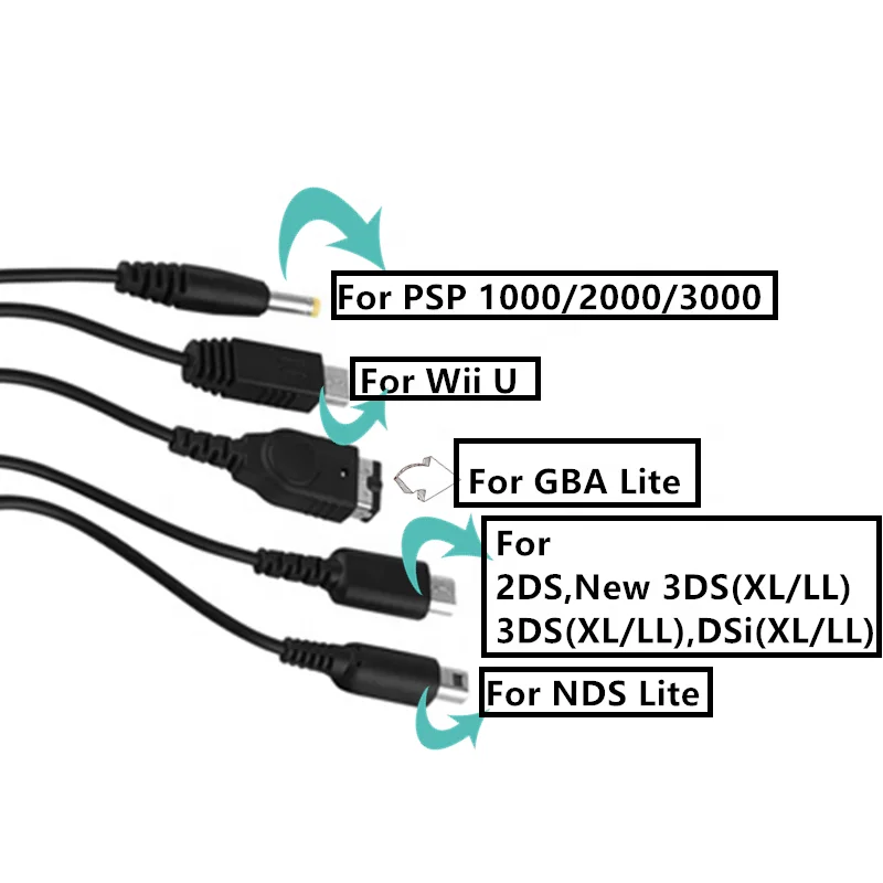
Multi-Function 5 in 1 USB Charging cable for New Nintendo DS,3DS,2DS,DSI,NDS Lite,Wii U,PSP,GBA SP,PSP 1000/2000/3000 
