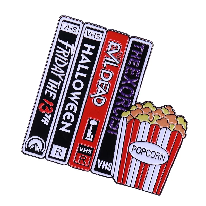 Horror Movie Retro video tape VHS and popcorn enamel pin